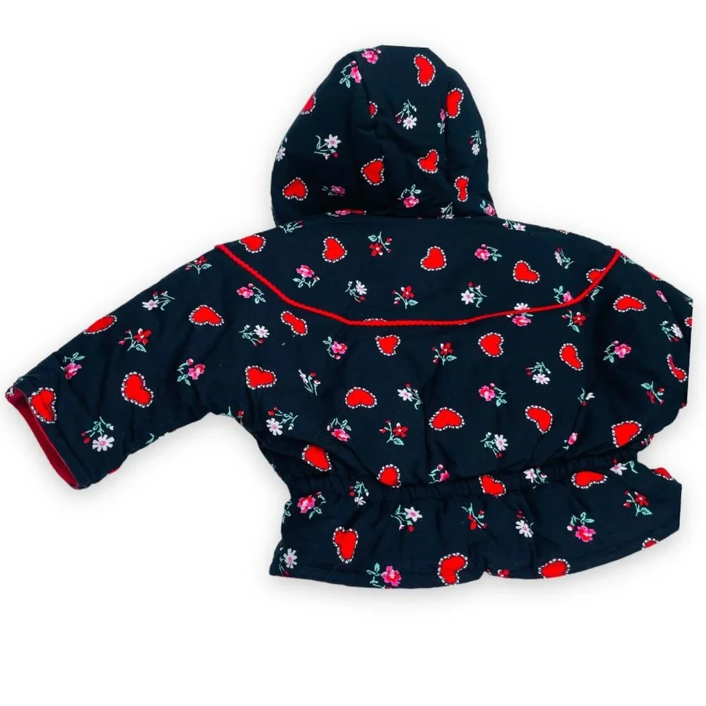 Vintage Baby Girls Black + Red Heart + Floral Print Winter Puffer Coat 12m